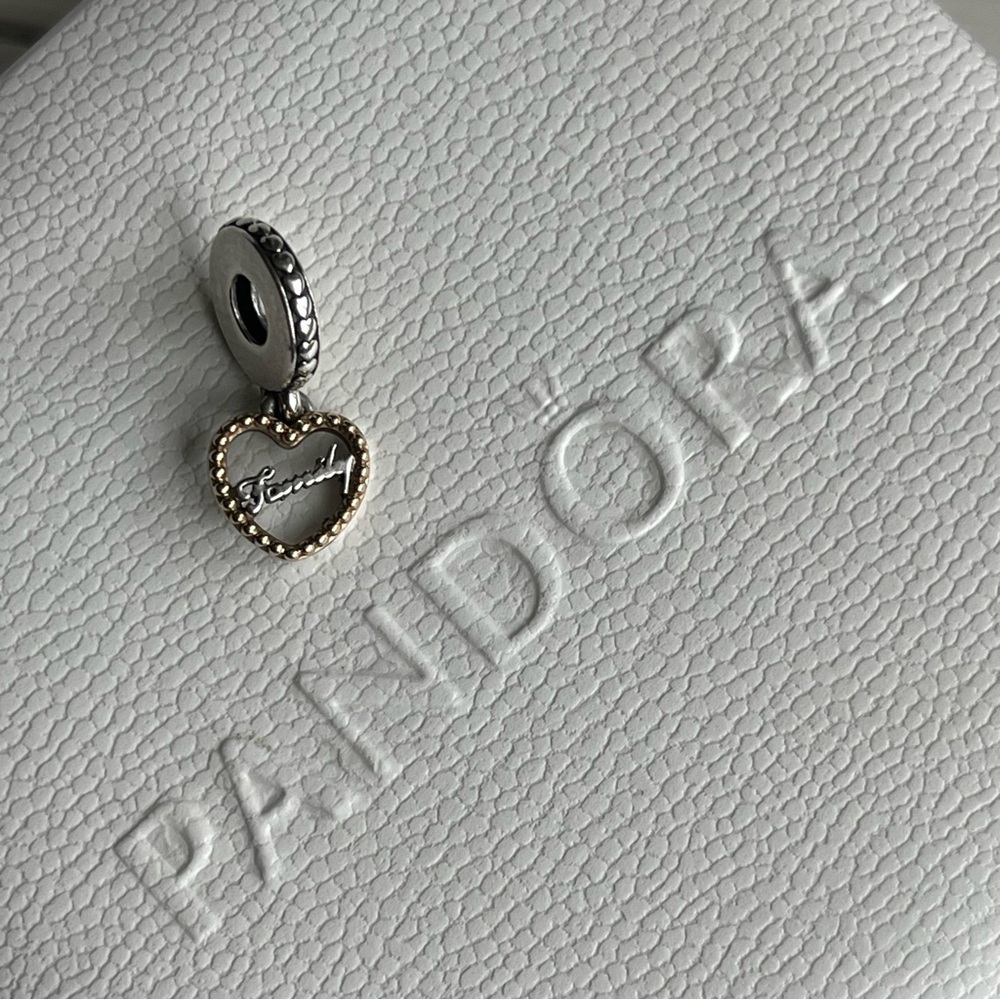 Authentic Pandora | Family Script Two-Tone Silver and Gold Heart Dangle Charm